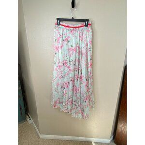 Floral Pleated Maxi Skirt With Elastic Waistband Pastel Pink Green Light Fabric
